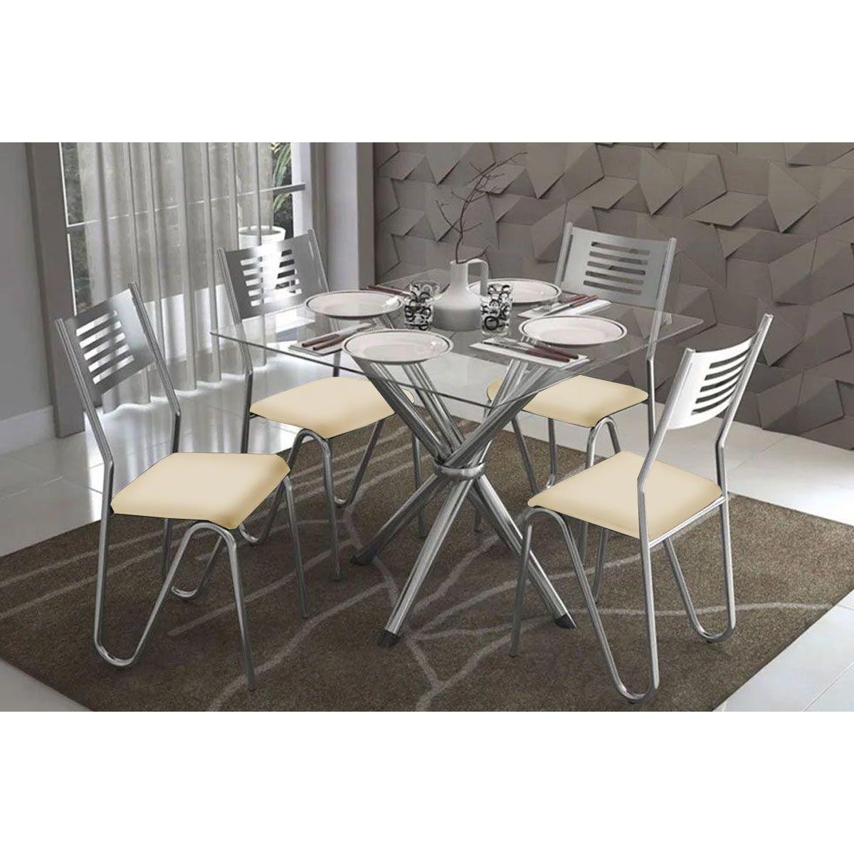 Conjunto Mesa De Cozinha Volga C Tampo De Vidro 90cm 4 Cadeiras Napoles Cromada Nude Kappesberg