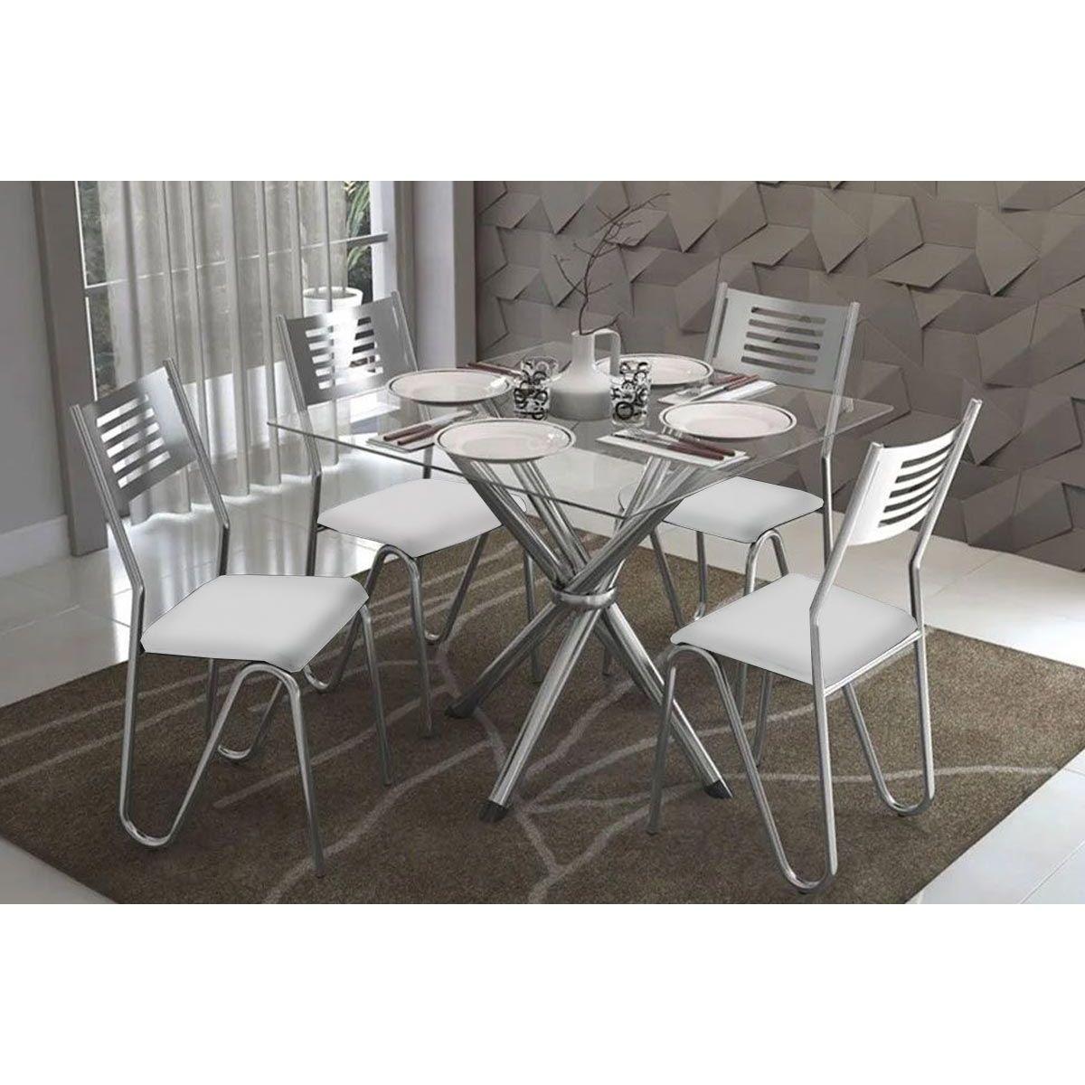 Conjunto Mesa De Cozinha Volga C Tampo De Vidro 90cm 4 Cadeiras Napoles Cromado Branco Kappesberg