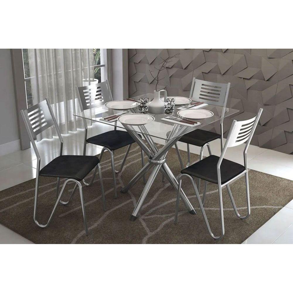 Conjunto Mesa De Cozinha Volga C Tampo Vidro 90cm 4 Cadeiras Napoles Cromada Preto Kappesberg