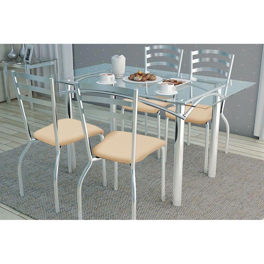 Conjunto Mesa De Cozinha Elba C Tampo De Vidro 120cm 4 Cadeiras Portugal Cromada Nude Kappesberg