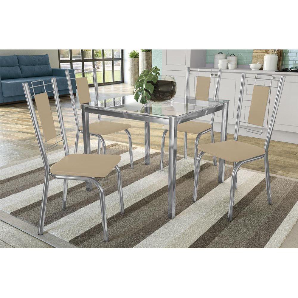 Conjunto Mesa Sala Jantar Reno C Tampo Vidro 90cm 4 Cadeiras Florenca Cromado Courano Nude Kappesberg