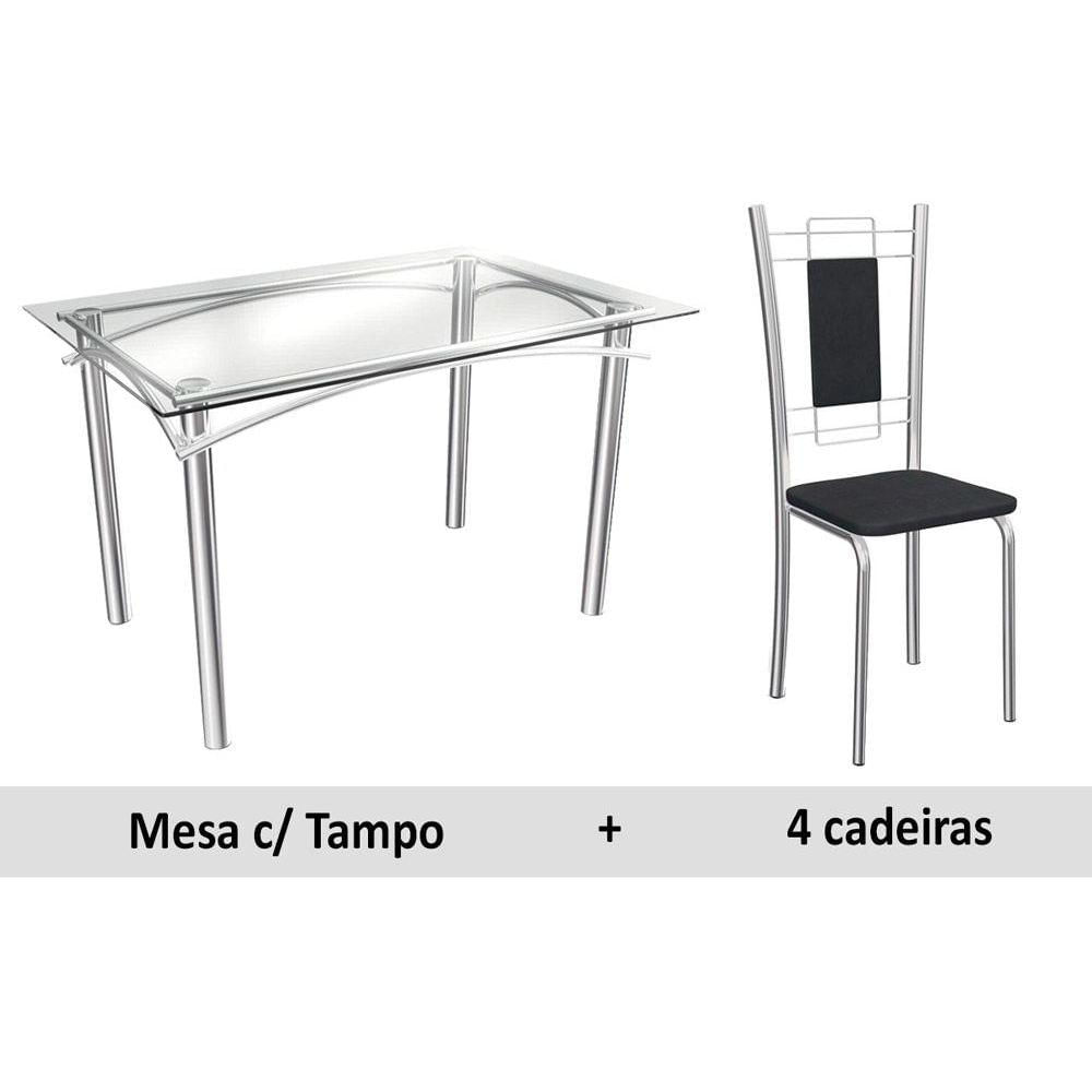 Conjunto Mesa De Cozinha Elba C Tampo De Vidro 120cm 4 Cadeiras Florenca Cromada Assento Preto Kappesberg