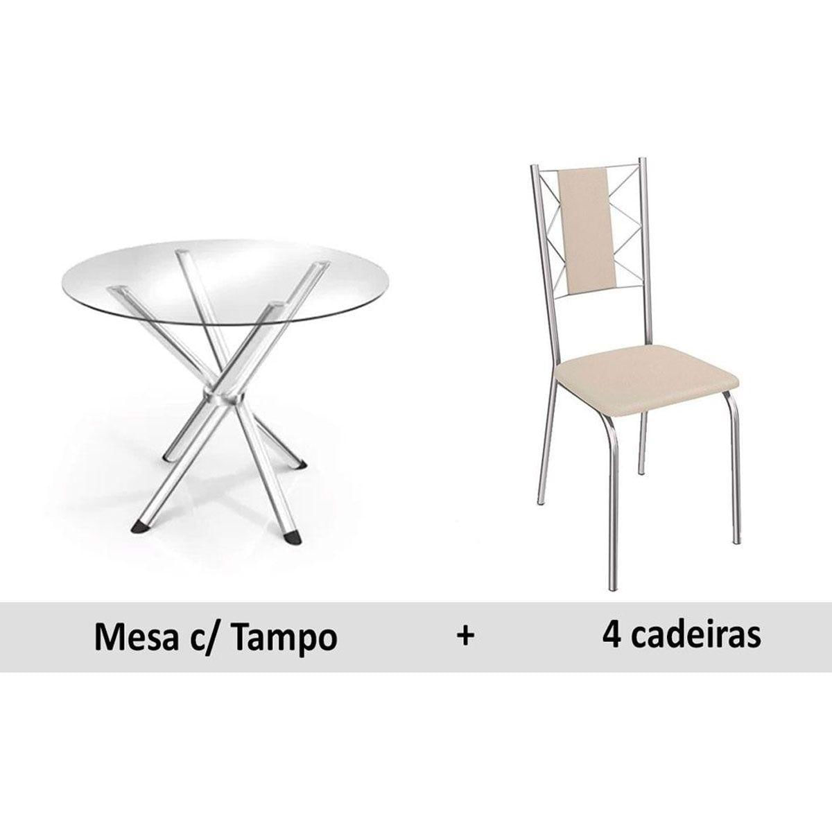 Conjunto Mesa De Cozinha Volga C Tampo De Vidro 95cm 4 Cadeiras Lisboa Cromada Nude Kappesberg