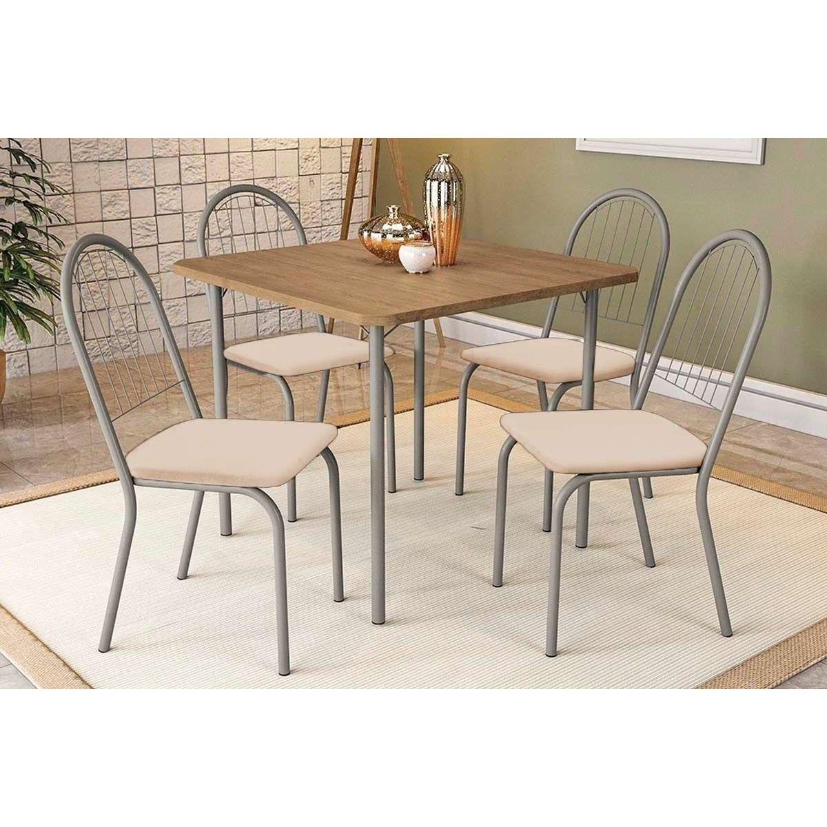 Conjunto Mesa De Cozinha Niquel C Tampo Madeirado 90cm 4 Cadeiras Noruega Cromada Nude Kappesberg