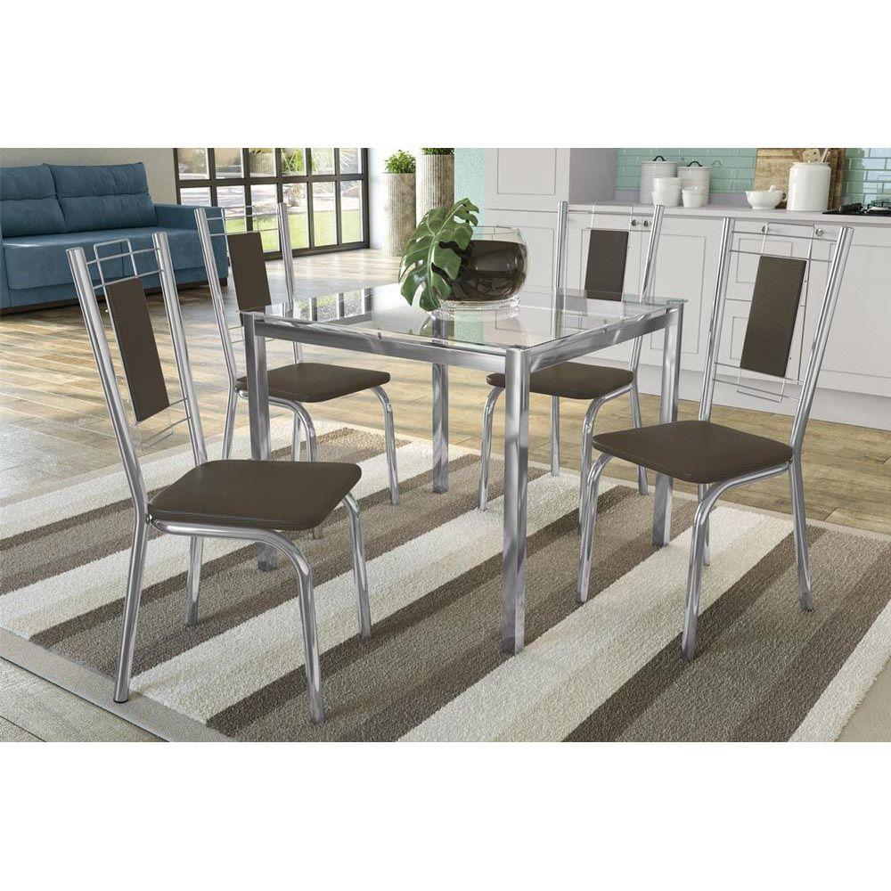 Conjunto Mesa Sala Jantar Reno C Tampo Vidro 90cm 4 Cadeiras Florenca Cromado Courano Marrom Kappesberg
