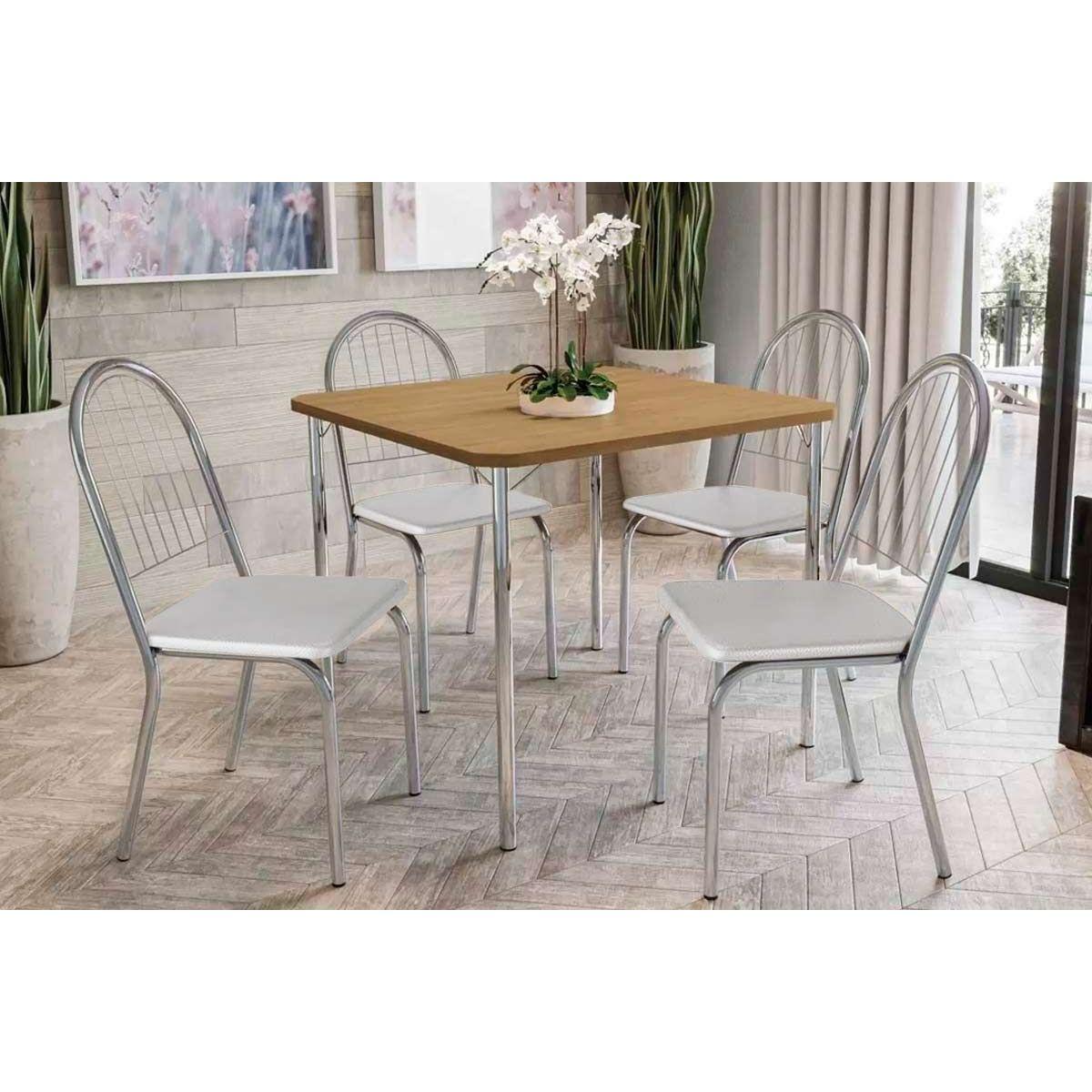 Conjunto Mesa De Cozinha Elba C Tampo Madeirado 90cm 4 Cadeiras Noruega Cromada Branco Kappesberg