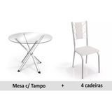 Conjunto Mesa De Cozinha Volga C Tampo De Vidro 95cm 4 Cadeiras Lisboa Cromada Branco Kappesberg