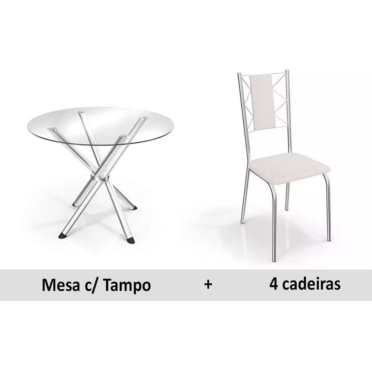 Conjunto Mesa De Cozinha Volga C Tampo De Vidro 95cm 4 Cadeiras Lisboa Cromada Branco Kappesberg