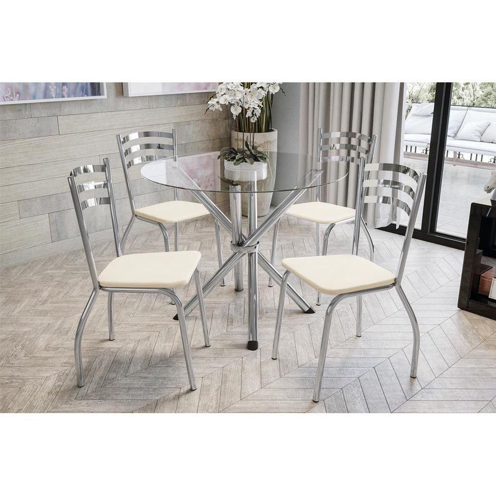 Conjunto Mesa Sala Jantar Volga C Tampo Vidro 95cm 4 Cadeiras Portugal Cromado Courano Nude Kappesberg