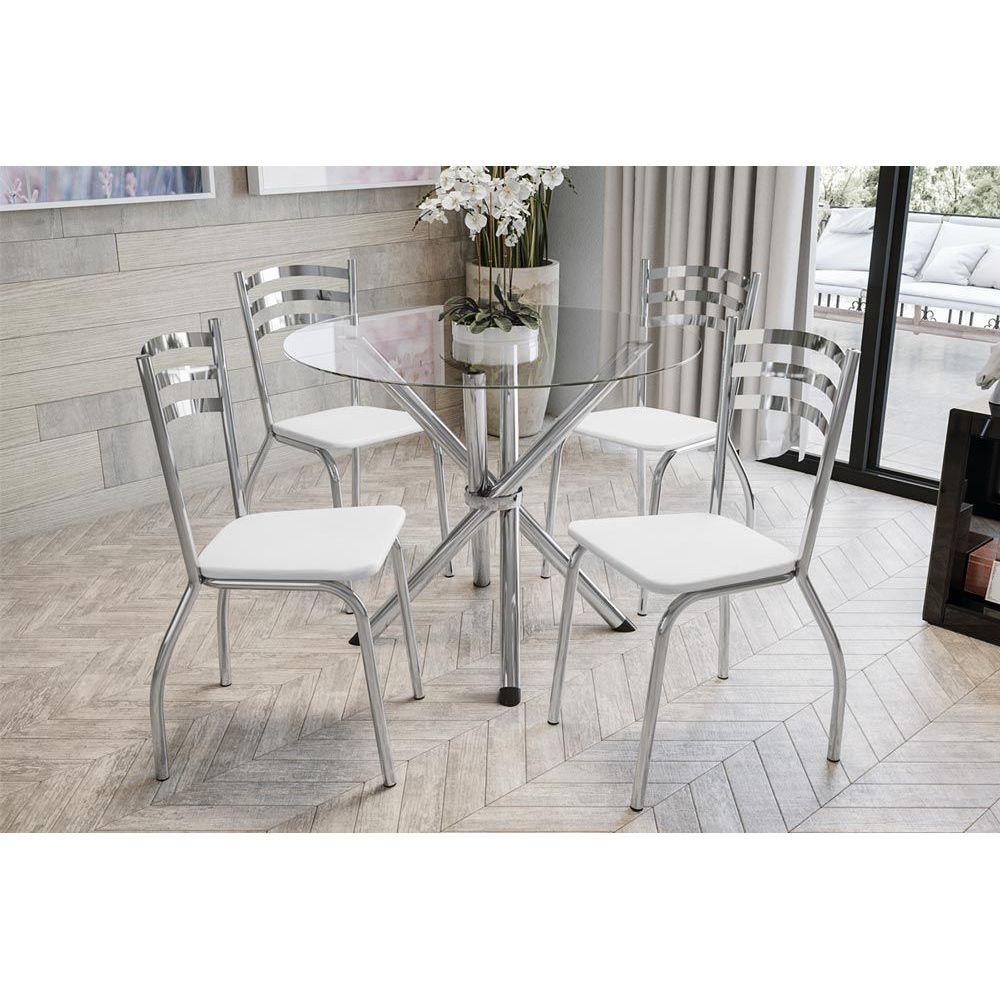 Conjunto Mesa Sala Jantar Volga C Tampo Vidro 95cm 4 Cadeiras Portugal Cromado Courano Branco Kappesberg