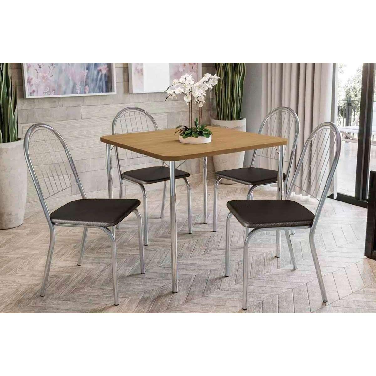 Conjunto Mesa De Cozinha Elba C Tampo Madeirado 90cm 4 Cadeiras Noruega Cromada Preto Kappesberg