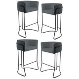 Kit 4 Banquetas Decorativas Base Aço Preto Betina B-317 Veludo Cinza Cromo - Domi