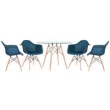 KIT - Mesa de vidro Eames 100 cm + 4 cadeiras Eiffel DAW azul petróleo