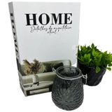 Kit Decoração Livro Home + Vaso Cerâmico + Castiçal De Vidro