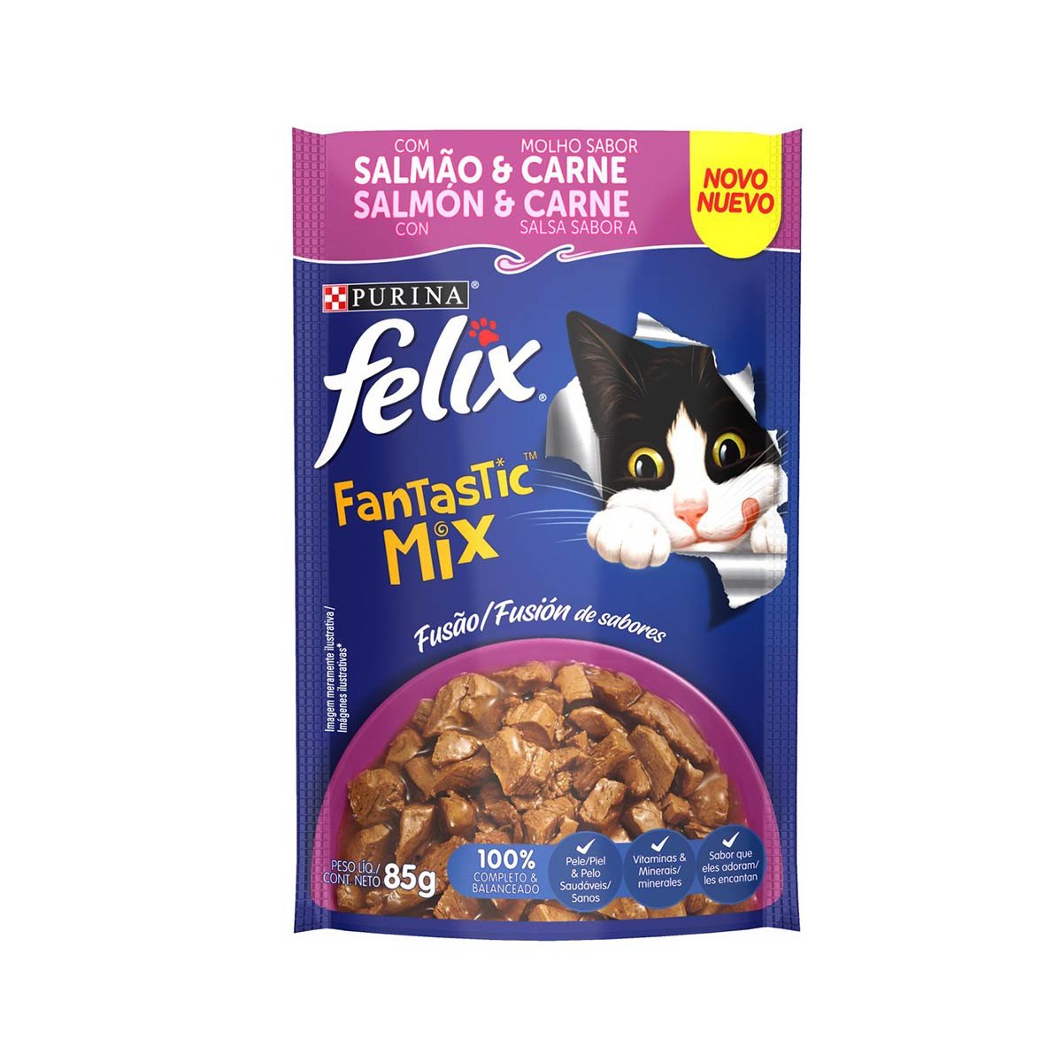 Ração Úmida para Gatos Adulto Felix Fantastic Mix Salmão e Carne Sachê 85g