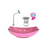 Cuba De Vidro Oval Chanfrada 46cm Rosa + Valvula + Torneira