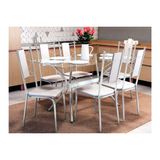 Conjunto Mesa De Cozinha Loire C Tampo De Vidro 150cm 6 Cadeiras Lisboa Cromada Branco Kappesberg