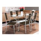 Conjunto Mesa De Cozinha Loire C Tampo De Vidro 150cm 6 Cadeiras Lisboa Cromado Marrom Kappesberg