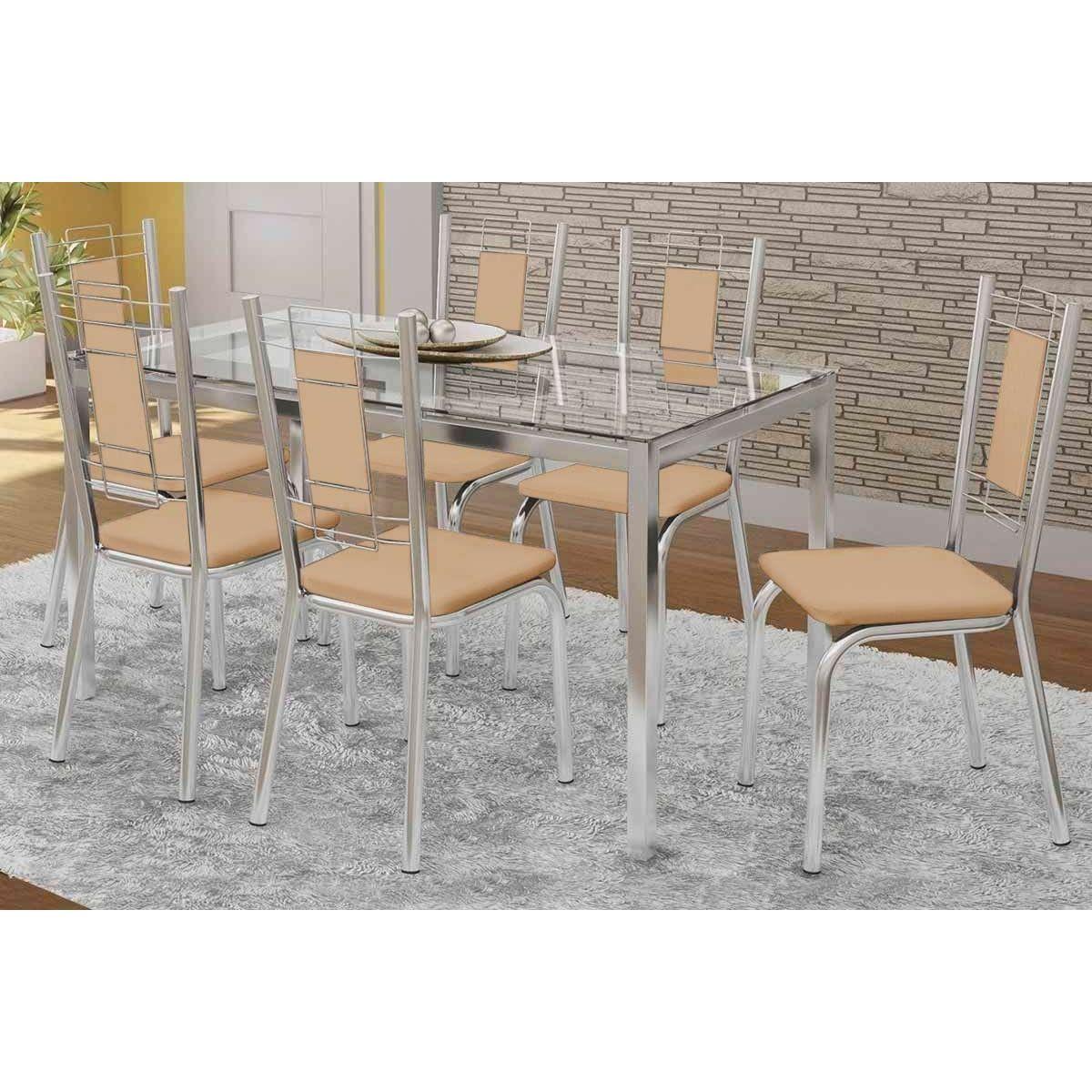 Conjunto Mesa De Cozinha Reno C Tampo Vidro 150cm 6 Cadeiras Florenca Cromada Nude Kappesberg