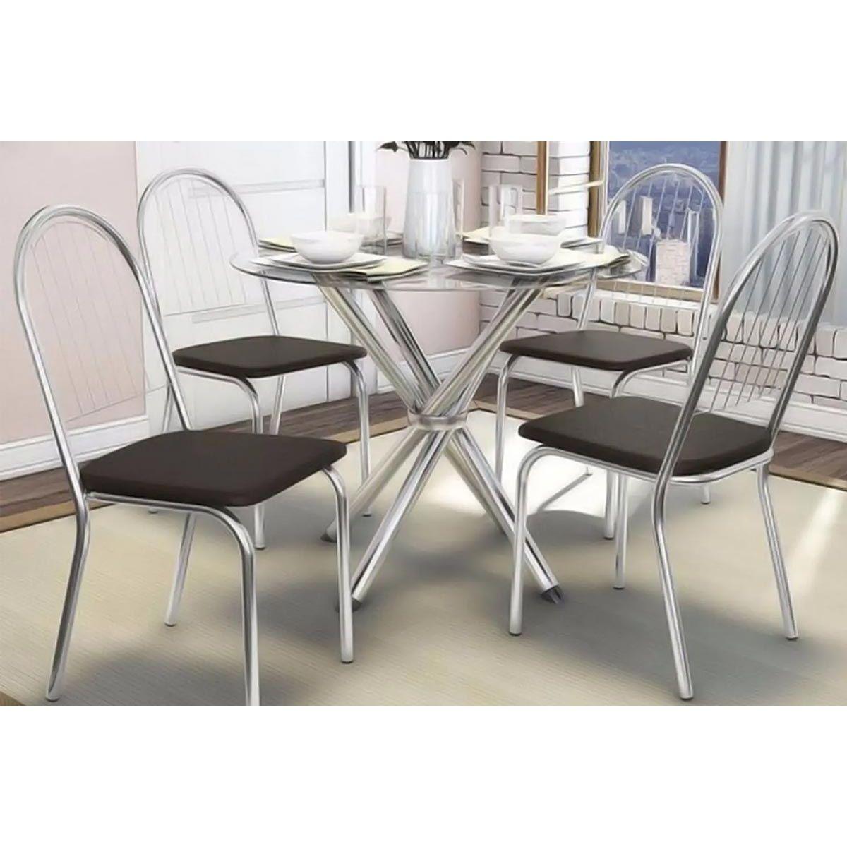 Conjunto Mesa De Cozinha Volga C Tampo De Vidro 95cm 4 Cadeiras Noruega Cromada Assento Preto Kappesberg