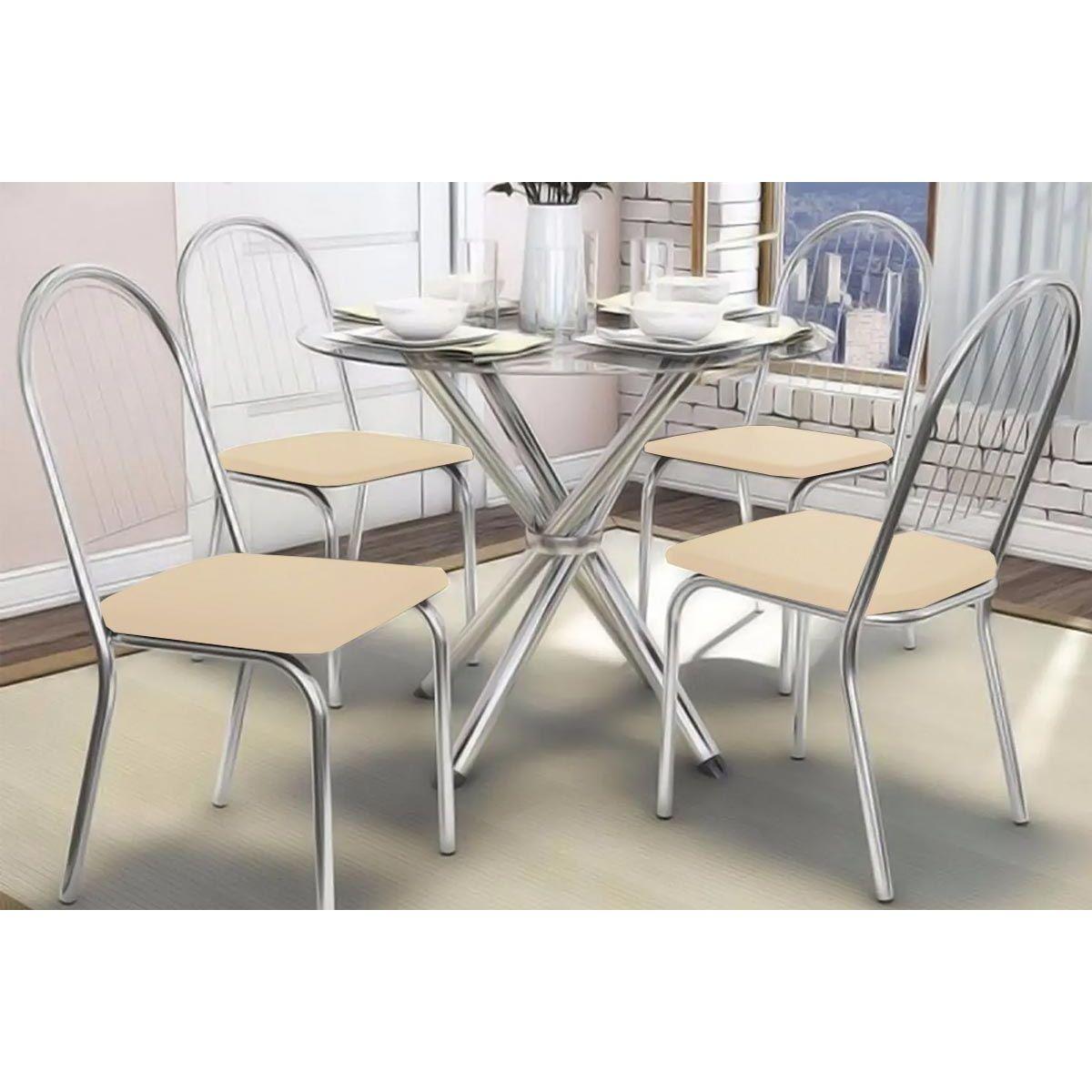 Conjunto Mesa De Cozinha Volga C Tampo Vidro 95cm 4 Cadeiras Noruega Cromada Nude Kappesberg