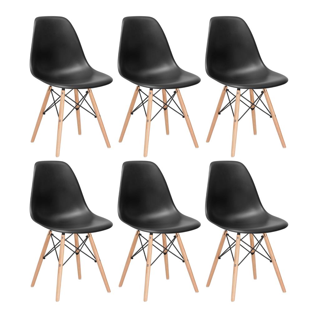 Kit - 6 X Cadeiras Charles Eames Eiffel Dsw - Base De Madeira Clara - Preto