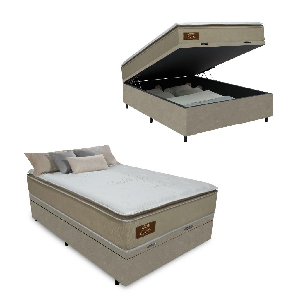 Cama Box Baú Casal Colchão Molas Ensacadas Pillow Top Elity Gazin 138x188x71cm Branco/bege - Suporta Até 130kg Por Pessoa