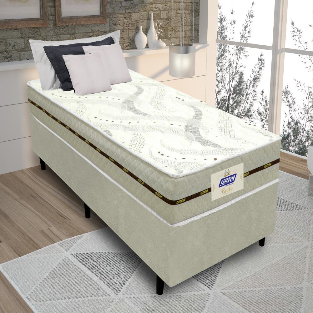 Cama Box Solteiro Colchão Molas Caribe Gazin 88x188x58cm Branco/bege - Suporta Até 100kg Por Pessoa