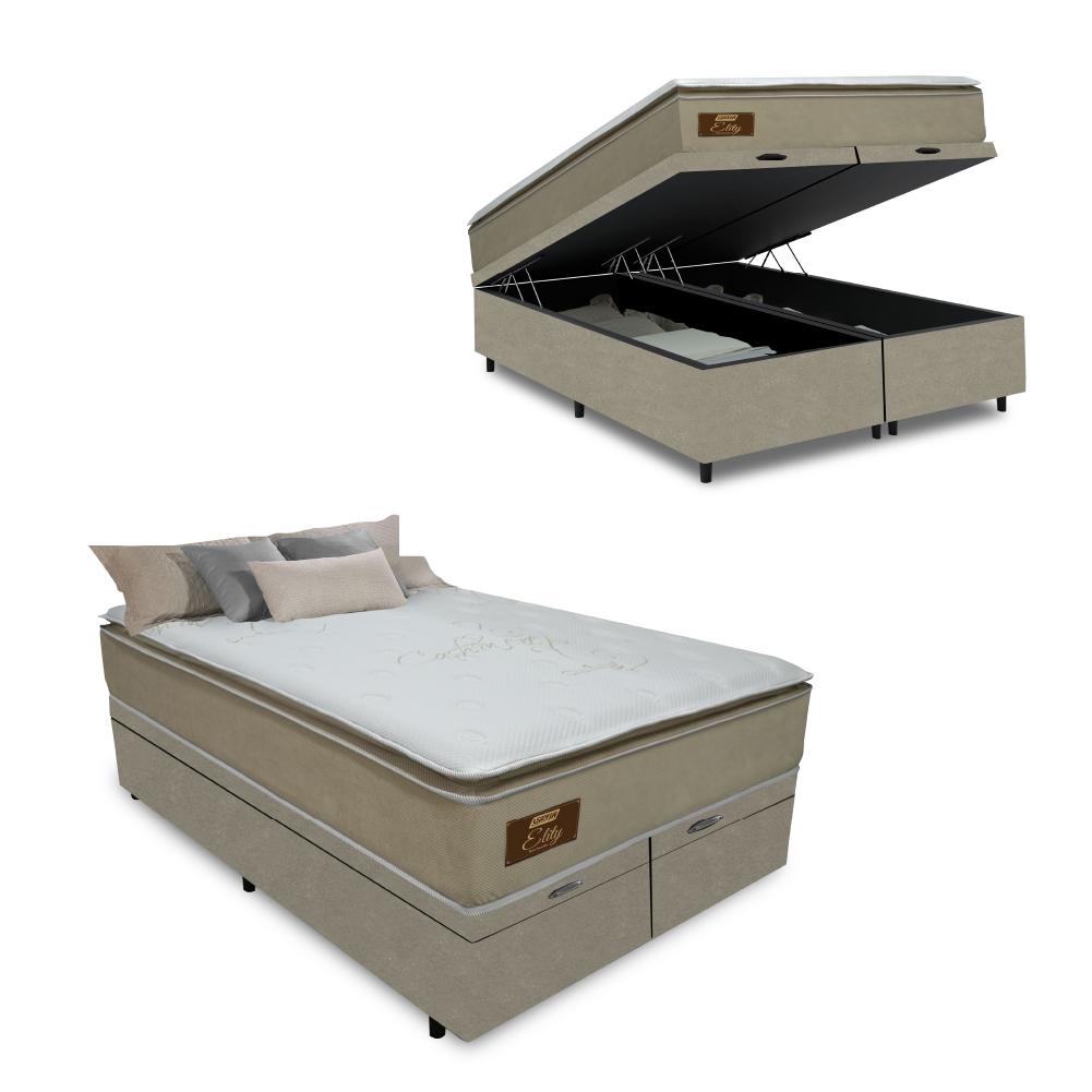 Cama Box Baú Casal Queen Colchão Molas Ensacadas Pillow Top Elity Gazin 158x198x71cm Branco/bege - Suporta Até 130kg Por Pessoa