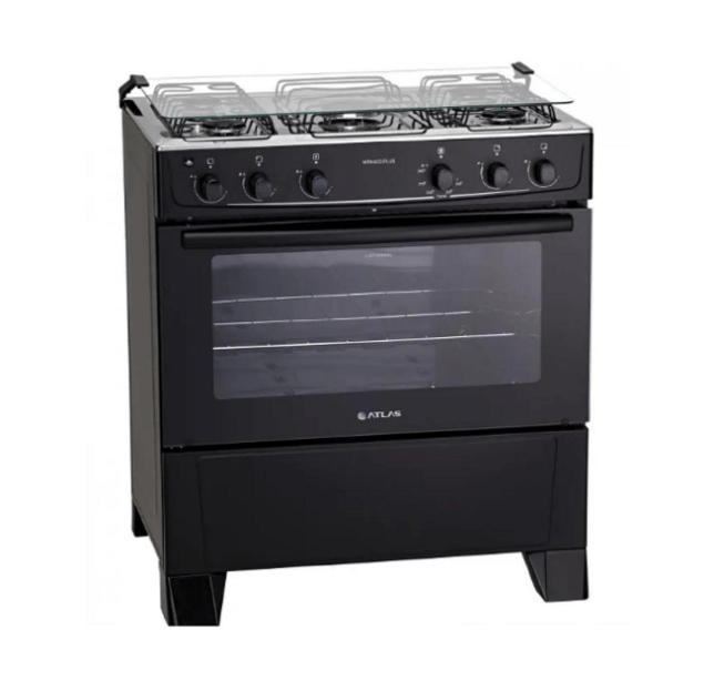 Fogão 5 bocas Atlas Mônaco Plus Preto com Acendimento Automático e Mesa Inox