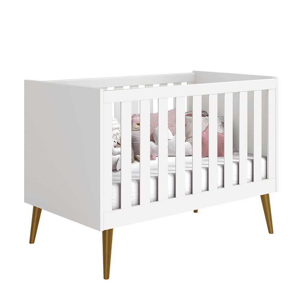 Kit Quarto Infantil Noah Square Branco Fosco Com Pés Em Madeira Retrô – Berço Mini Cama + Cômoda