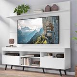 Rack com Painel TV 65' Madri Multimóveis Pés Retrô e Prateleira Branco/Preto