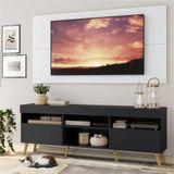 Rack c/ Painel TV 65' Preto/Branco Londres Multimóveis Pés Retrô Natural
