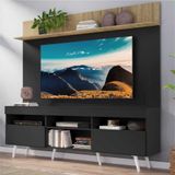 Rack com Painel TV 65' Madri Multimóveis Preto/Rustic com Prateleira e Pés Retrô Branco