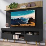 Rack com Painel TV 65' Madri Multimóveis Preto/Rustic com Prateleira e Pés Retrô Natural