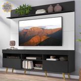 Rack c/ Painel e Suporte TV 65' Madri Multimóveis Preto/Branco com Prateleira e Pés Retrô Natural