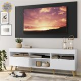 Rack c/ Painel e Suporte TV 65' Branco/Preto Londres Multimóveis Pés Retrô Natural