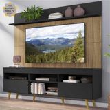 Rack com Painel e Suporte TV 65' Madri Multimóveis Preto/Rustic com Prateleira e Pés Retrô Natural