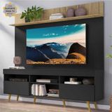 Rack com Painel e Suporte TV 65' Madri Multimóveis Preto/Rustic com Prateleira e Pés Retrô Natural