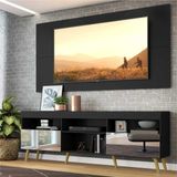 Rack c/ Painel p/ TV 65', espelho e pés retrô Flórida Multimóveis Preto/Natural