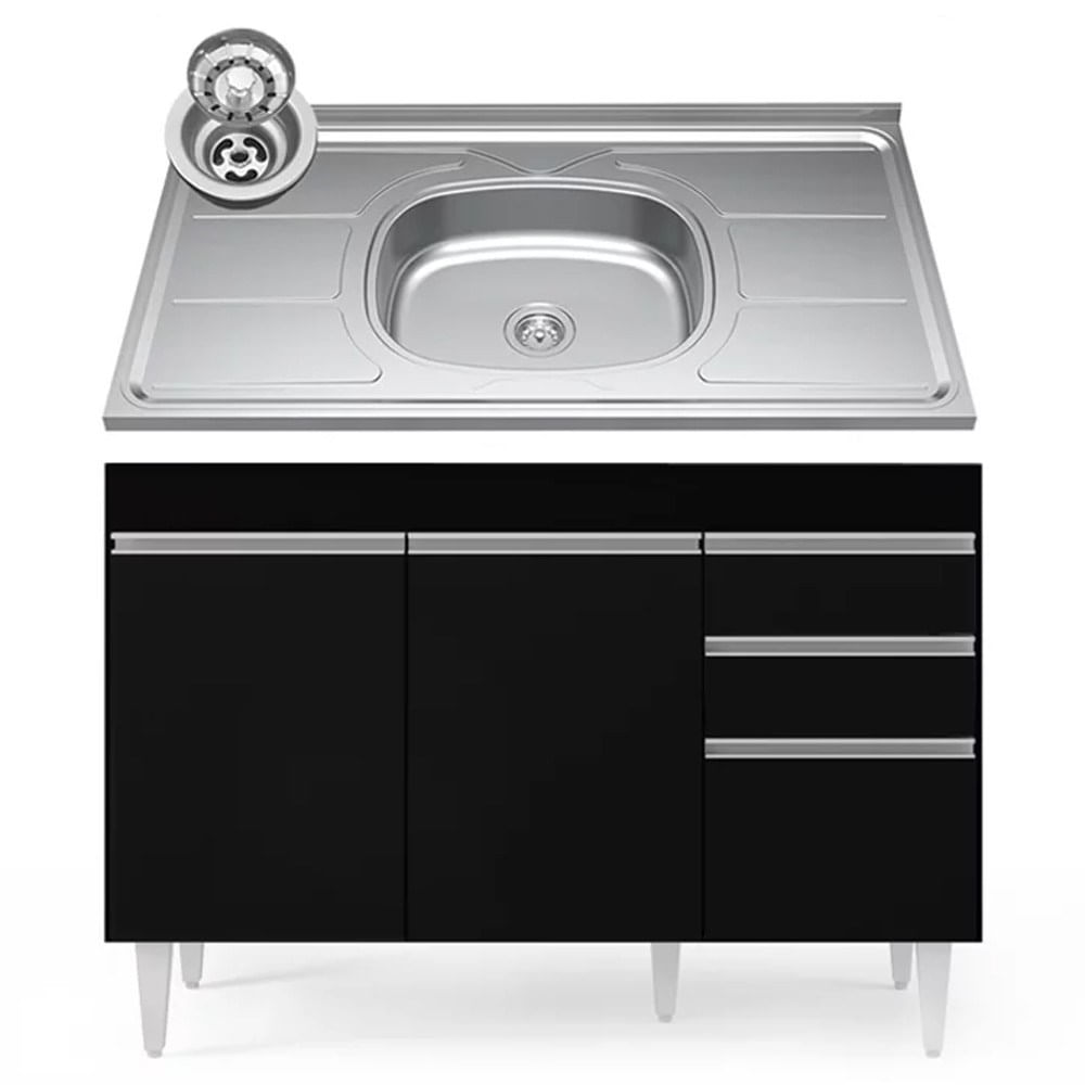 Balcão Gabinete Com Pia Inox 120cm Michigan Preto - Lumil