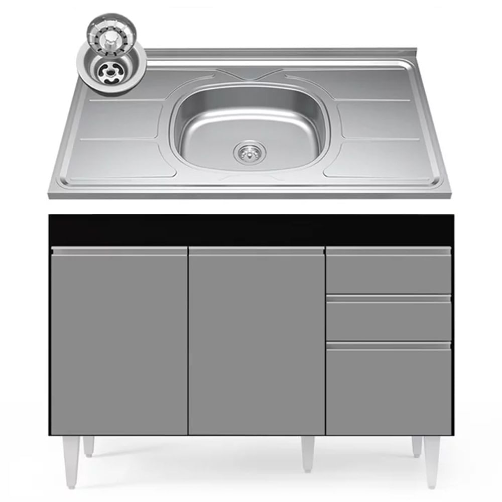 Balcão Gabinete Com Pia Inox 120cm Michigan Preto/cinza - Lumil