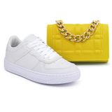 Kit Tênis Casual Feminino + Bolsa Clutch Alça Corrente Branco/amarelo 38