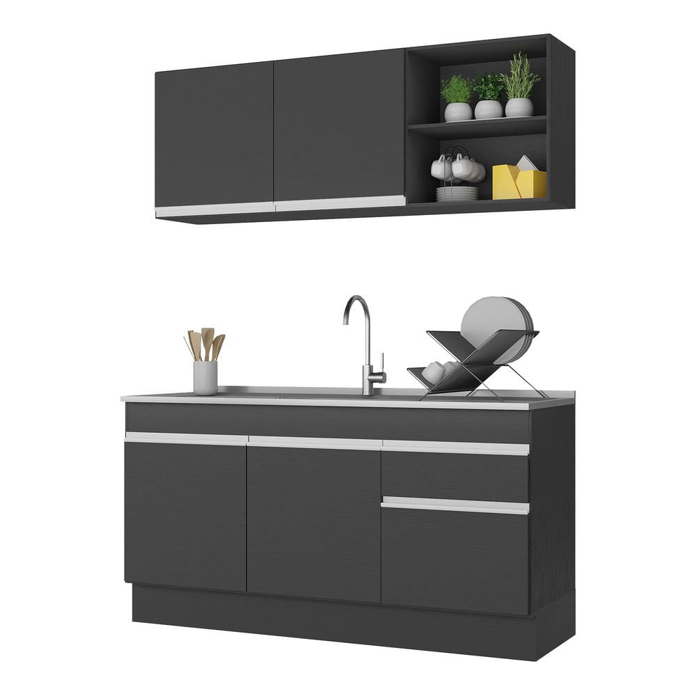 Armário De Cozinha Compacta 150cm Com Rodapé Veneza Multimóveis V2114 Preto/branco