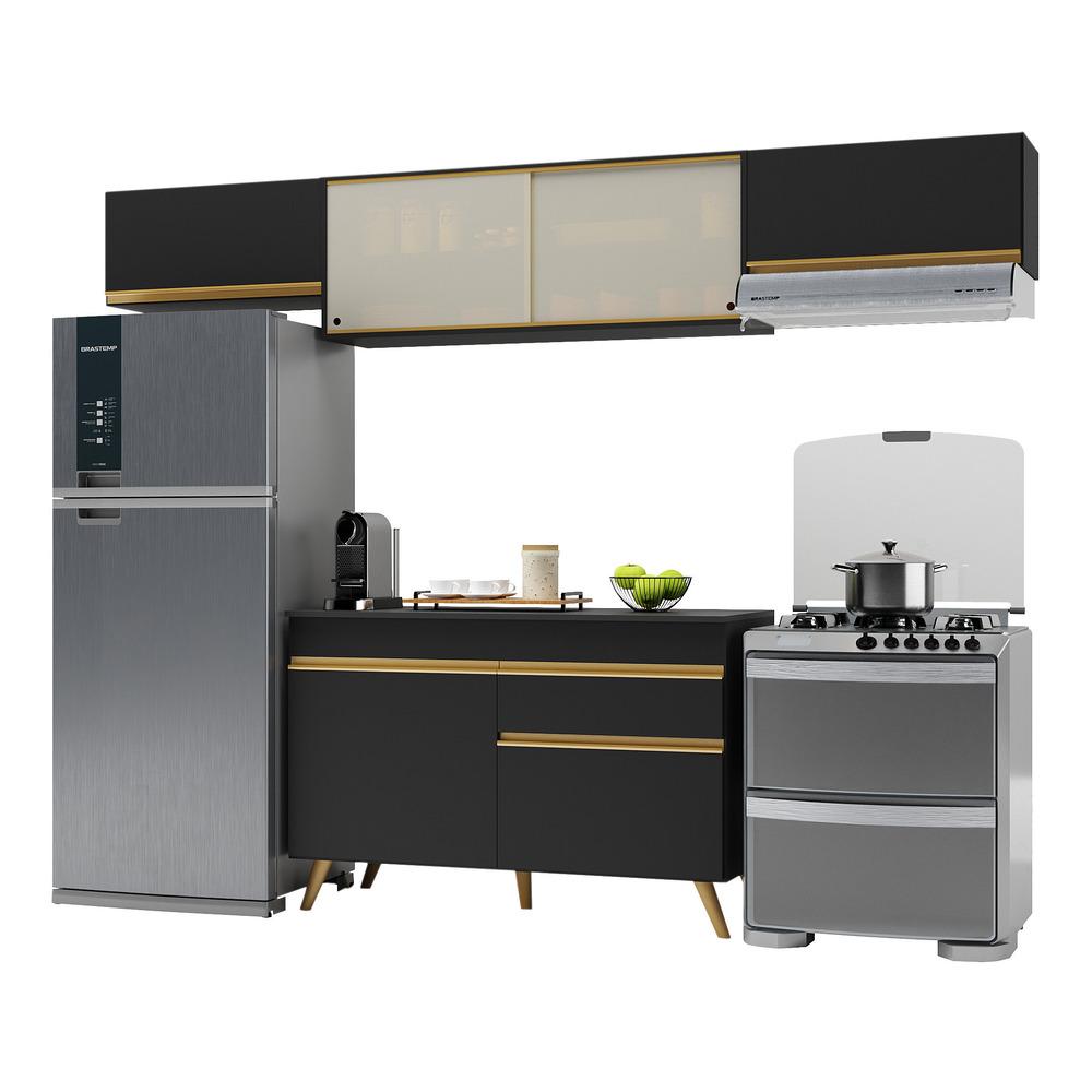 Armário De Cozinha Compacta 260cm Veneza Multimóveis V3698 Preto/dourado