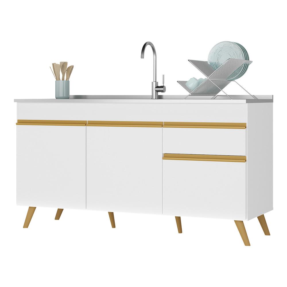 Balcão Cozinha Gabinete Pia 150cm 3 Portas 1 Gaveta Veneza Multimóveis V2072 Branco/dourado