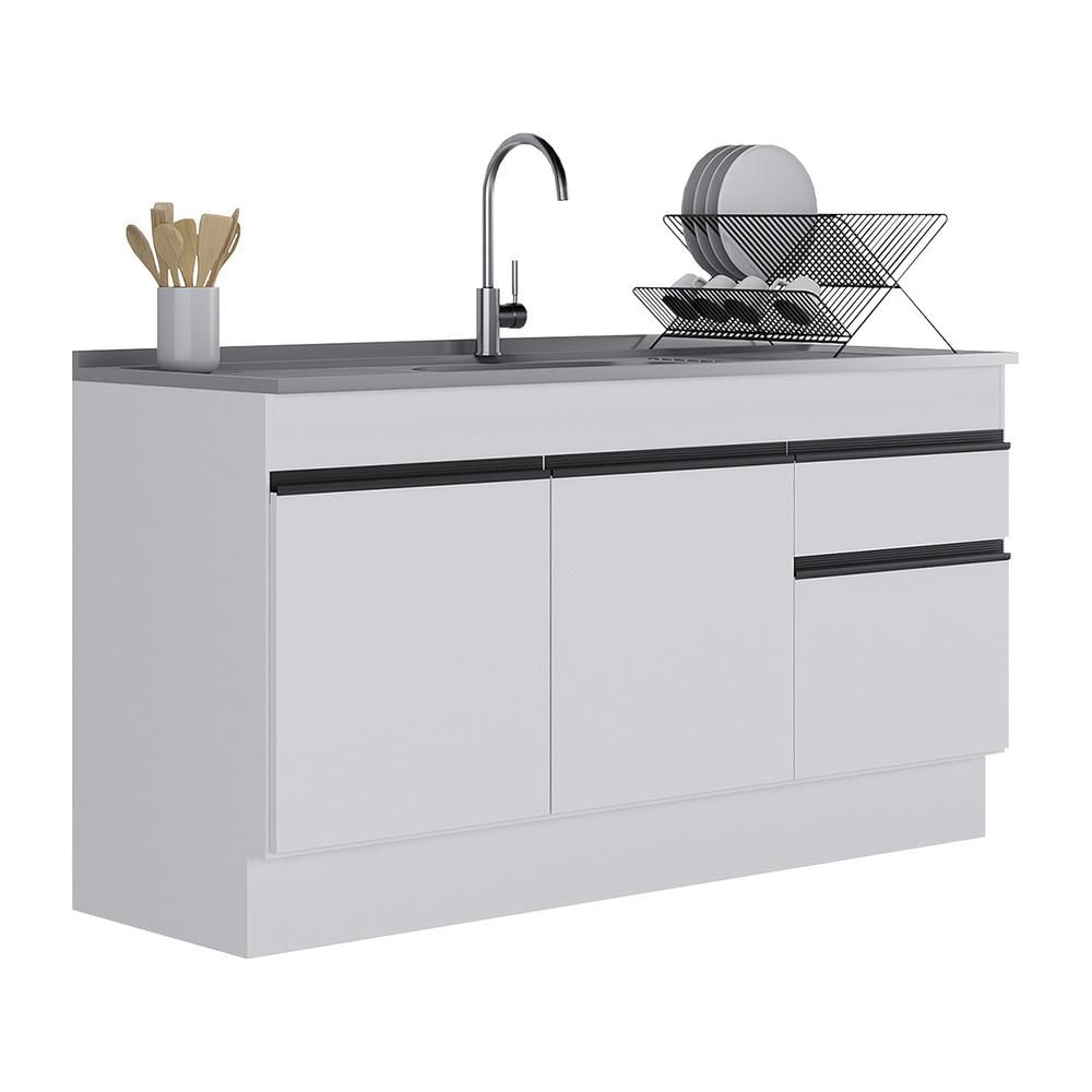 Balcão Cozinha Gabinete Pia 150cm Com Rodapé 3 Portas 1 Gaveta Veneza Multimóveis V2115 Branco/preto