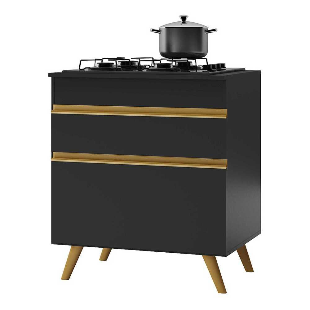 Balcão Cozinha Para Cooktop 70cm 1 Porta 1 Gaveta Veneza Multimóveis V3706 Preto/dourado