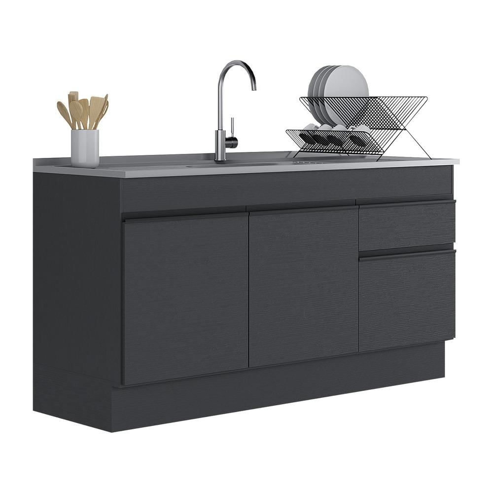 Balcão Cozinha Gabinete Pia 150cm Com Rodapé 3 Portas 1 Gaveta Veneza Multimóveis V2115 Preto