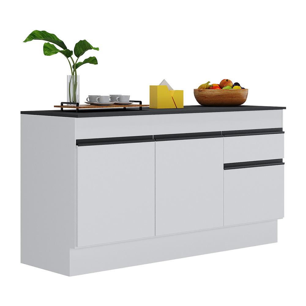 Balcão Cozinha Gabinete Pia 150cm Com Rodapé  3 Portas 1 Gaveta Veneza Multimóveis V2107 Branco/preto